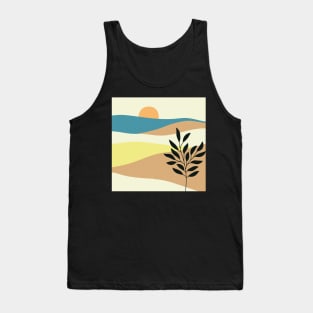 Contemporary abstract mountains and hills landscape with leaves branch digital design illustration Tank Top